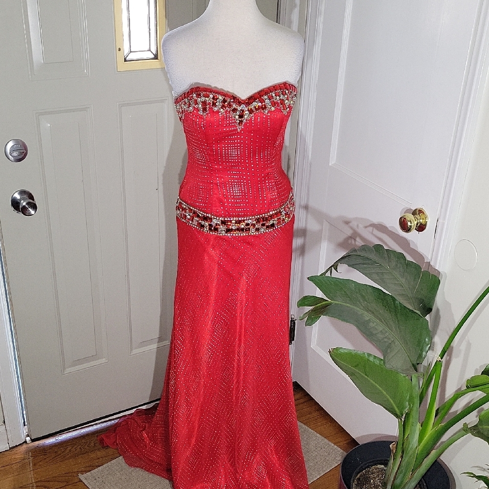 Terani Red And Silver Sweetheart Neckline Drop Waist Embelish Red Gown SZ 6